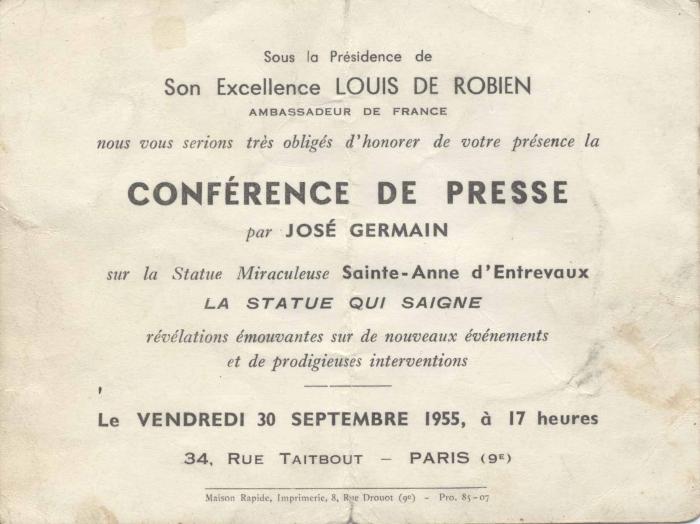 Conférence de Presse par José Germain sur la statue Miraculeuse Sainte-Anne d'Entrevaux la statue qui saigne"