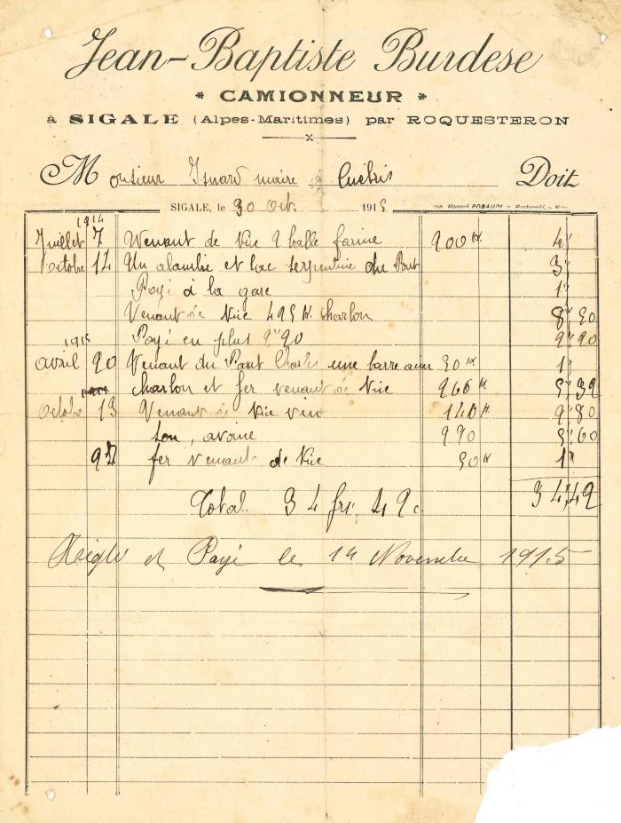 [Facture de Jean-Baptiste Burdese (camionneur) pour le transport de marchandises pour le compte de Monsieur Isnard (Eloi), taillandier à Cuébris