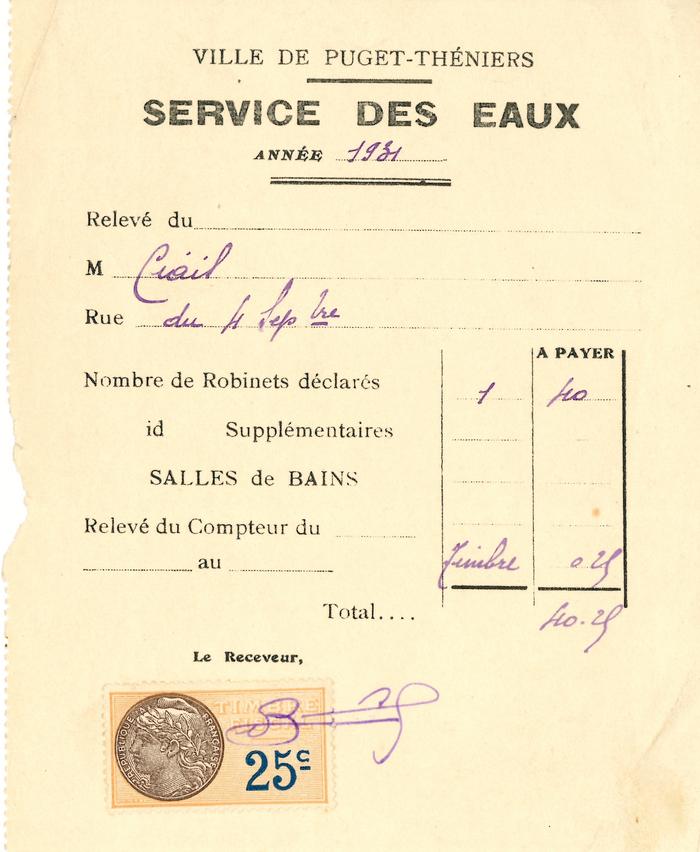 Ville de Puget-Théniers - Service des Eaux - année 1931
