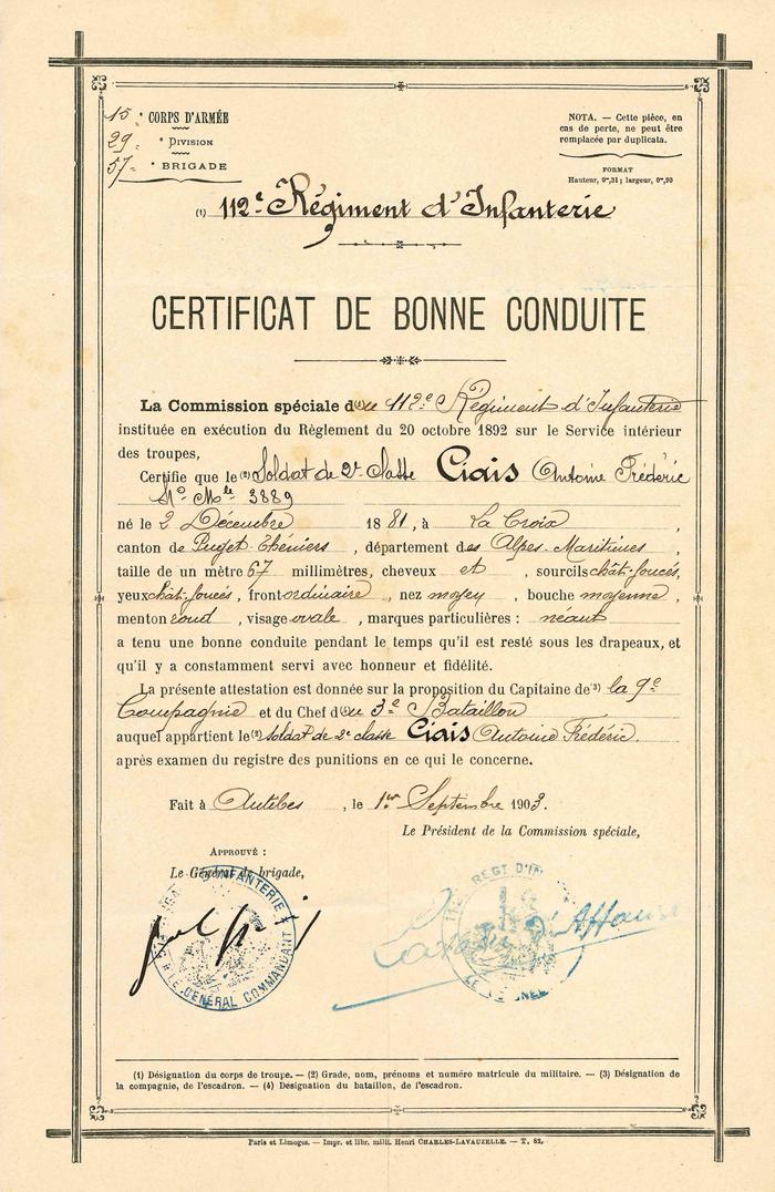 Certificat de bonne conduite adressé à Antoine Ciais, soldat de 2e classe matricule 3889 au 112e Régiment d'Infanterie.