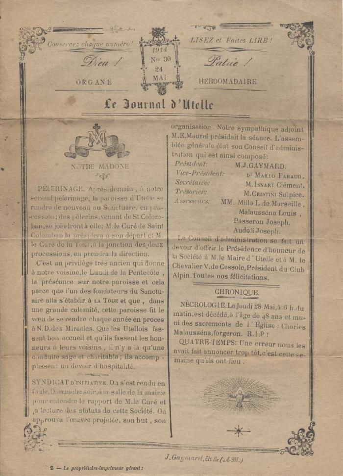 Le journal d'Utelle n°30, 24 mai 1914