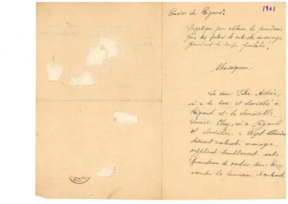 Paroisse de Rigaud Supplique pour obtenir la permission pour les futurs de contracter mariage pendant le temps prohibé. 1901